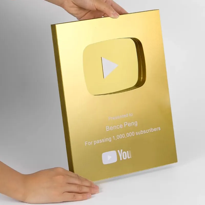Custom aluminum engraved printed trophy flat gold silver plated youtube shield play button award plaque for honor business gift