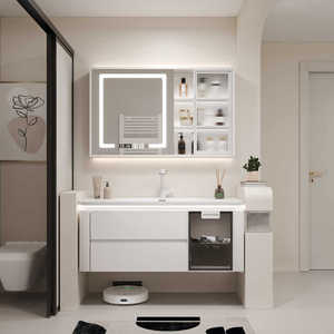 Combinaison d'armoires de salle de bain intelligentes en bois d'hévéa avec lavabo intégré en céramique - Product Image 2