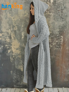 Women's Plus Size Solid Color Long Sleeve <strong>Hooded</strong> <strong>Cardigan</strong> <strong>Ladies</strong> Casual Knitted Hoodies Sweater Loose Oversized Sweaters Coat - Product Image 2