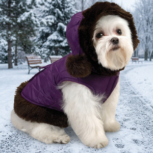 Chaleco Acolchado Morado para Mascotas con Capucha y Ribete de Piel, Chaqueta de Invierno para Perros y Gatos, Ropa para Clima Frío - Product Image 2