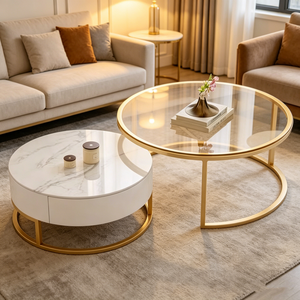 Tavolino da Caffè con Piano in Marmo Bianco e Cassetto Portaoggetti, Tavolino Laterale di Lusso con Base Dorata, Arredamento per la Casa - Product Image 6