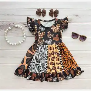 Cheap boutiques summer dress for baby girl short sleeve leopard twirl dresses kids boutique clothing children's clothes
