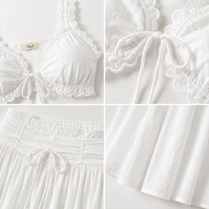 Conjunto de Falda Maxi y Top Corto con Bordado de Ojales para Mujer A&J GRS, con Ribete de Encaje, Lazo Delantero, Busto Fruncido y Escote Profundo, Diseño Personalizado de Fabricante - Product Image 2