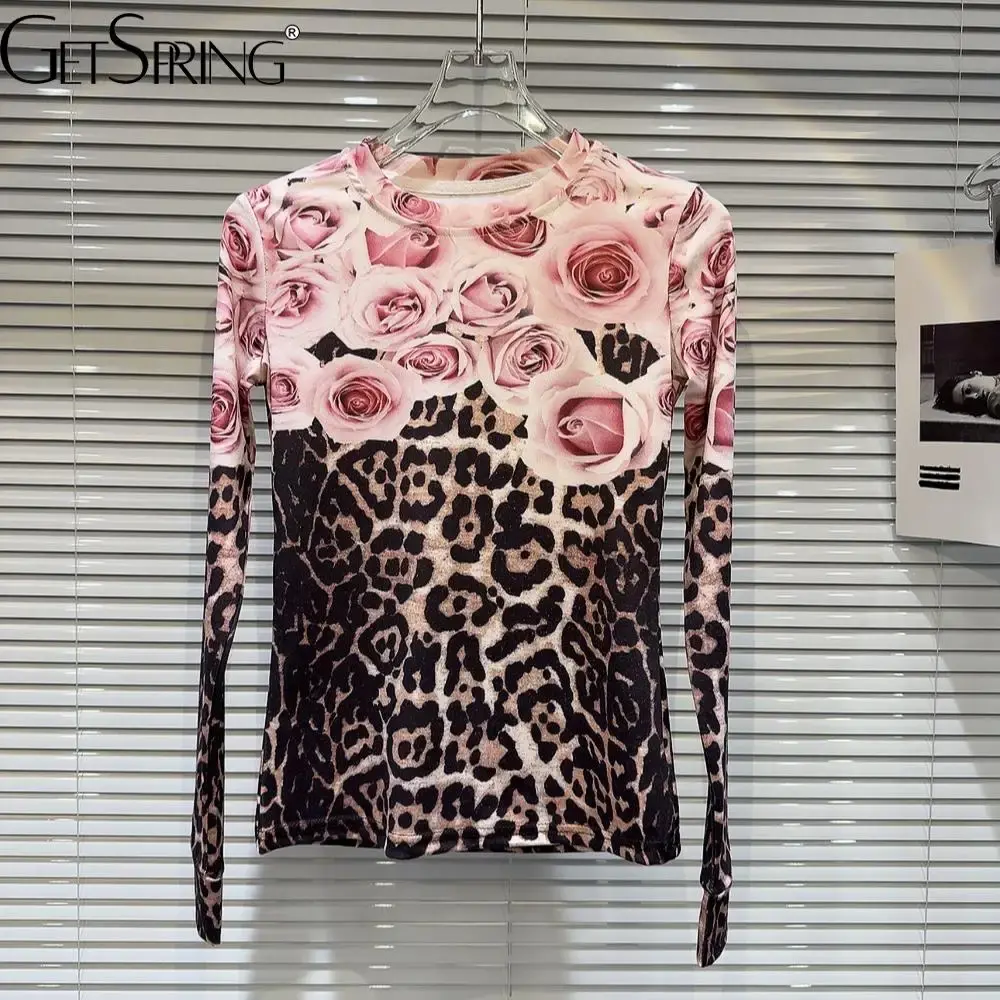 Getspring Vrouwen T-Shirt Lange Mouwen Patchwork Luipaard Sexy T-Shirts Tops Patchwork Hoge Strecth Print Sexy Tops 2024 Nieuwe