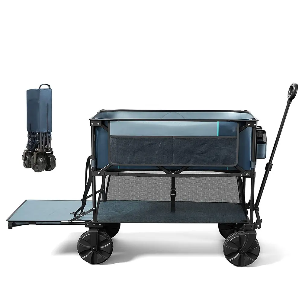 Carro plegable doble para exteriores, carrito de carga resistente con ruedas grandes para acampada y playa, 2023
