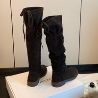 Bottes d'équitation en cuir véritable à bout rond, talon épais, hauteur genou, pour l'hiver