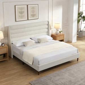 Cadre de lit King Size en chenille avec tête de lit haute et plateforme rembourrée à motif ondulé, lit plateforme moderne sans <span class=keywords><strong>sommier</strong></span>, ivoire - Product Image 3