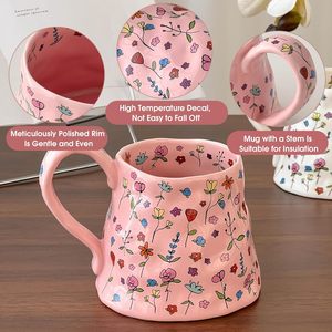 Tasse à thé florale girly de 20 oz pour femmes, cadeaux pour la fête <span class=keywords><strong>des</strong></span> mères, grande tasse à café en céramique rose, fleur mignonne avec une grande poignée - Product Image 5