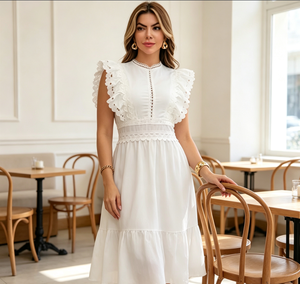 Abito Midi da Donna Taglie Forti con Volant Senza Maniche in Pizzo Scavato, Vestito Casual da Festa <span class=keywords><strong>per</strong></span> Donna - Product Image 1