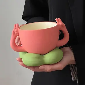 创意双手柄陶瓷茶杯独特礼品陶瓷咖啡杯茶托套装