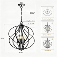 Lampu Gantung Cincin Bulat Hitam, Lampu Chandelier Kandang 4 Lampu Modern untuk Ruang Tamu, Ruang Makan & Foyer