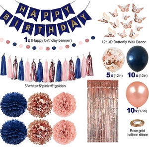 Suministros de Decoración para Fiesta de <span class=keywords><strong>Cumpleaños</strong></span>, Set de Globos Azul Marino y Oro Rosa, Mariposas y Borlas - Product Image 5