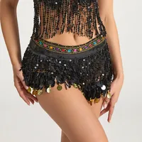 Jupe japonaise plissée en polyester pour femme, style bohème, avec franges, sequins et pompons, pour danse du ventre, écharpe de hanche, fête rave