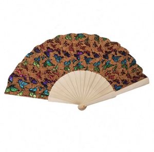 En stock : Éventail en bois de 23 cm avec tissu en liège écologique, couleurs naturelles et personnalisables pour cadeaux promotionnels et fournitures de fête - Product Image 1