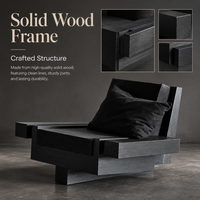 Fauteuil Brutaliste Noir en Bois Massif, Structure Bloc, Chaise d'Appoint Design avec Coussin en Tissu, Chaise Longue de Loisirs pour Salon