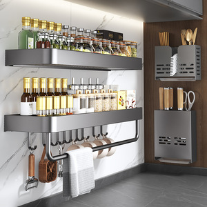 ชั้นวางของติดผนังสำหรับห้องครัวเฉาโจว พร้อมที่หนีบโลหะสำหรับแขวนขวดเครื่องเทศ ไม่ต้องเจาะผนัง แบบหลายชั้น - Product Image 5