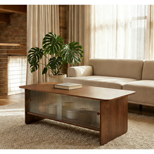 Modern Minimalist Coffee <b>Table</b> 47 Inch Rectangular With Storage Cabinet Glass Sliding Doors Living Room Furniture - Product Image 3