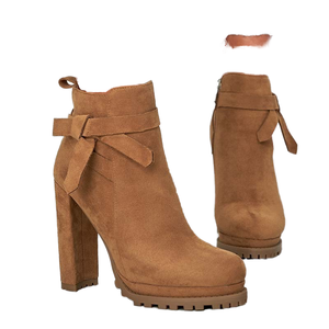 Botines de tacón alto y grueso con plataforma de piel sintética de ante, elegantes y a la moda para mujer, con lazo y cremallera, ideales para otoño e invierno. - Product Image 1