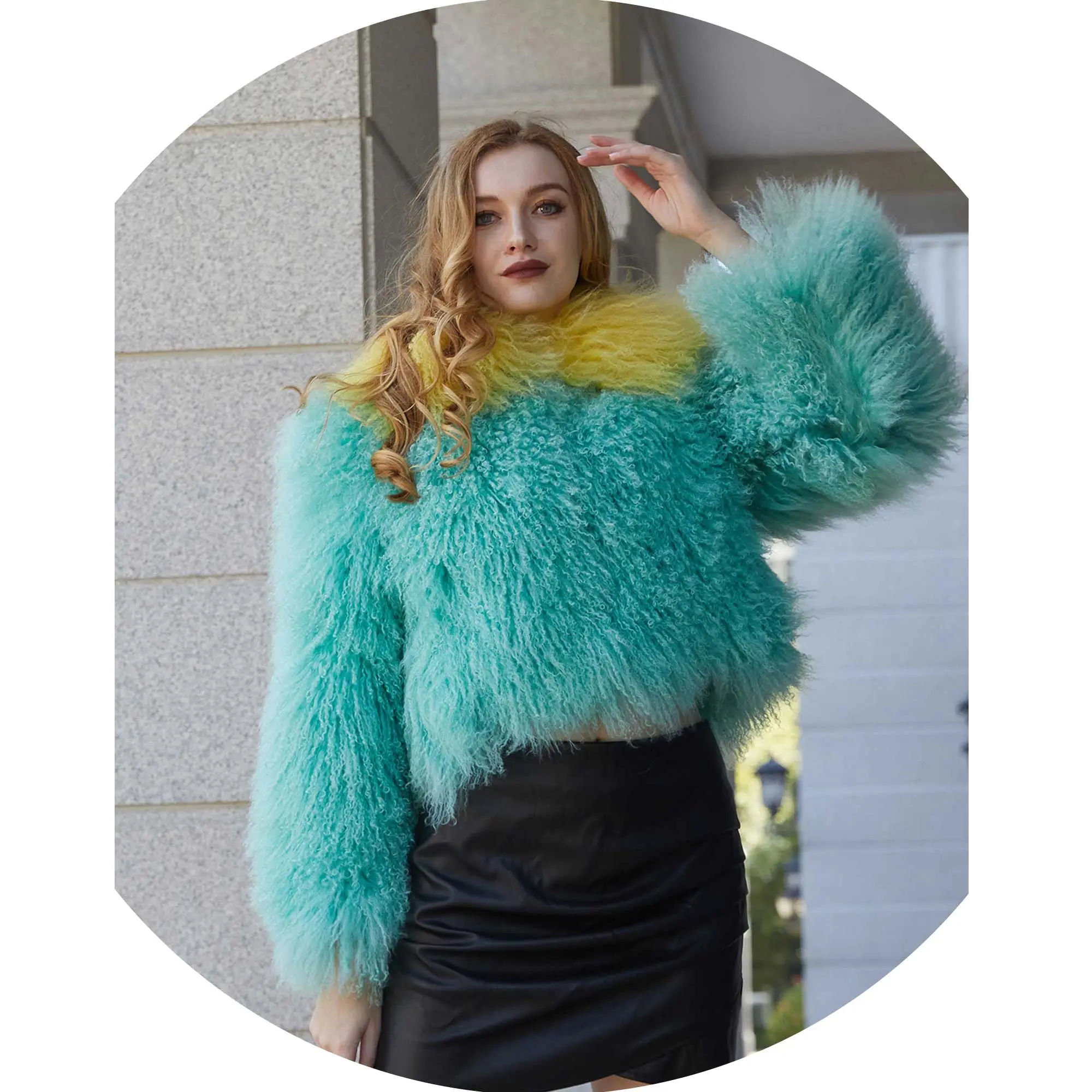 Abrigo de piel de lana de cordero Mongol de color mixto suave de lujo para mujer de invierno