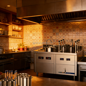 Cuisinière à induction commerciale compacte avec <span class=keywords><strong>plateau</strong></span> à condiments et 6 réservoirs en acier inoxydable, facile à nettoyer, pour l'industrie alimentaire - Product Image 1