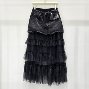 <span class=keywords><strong>GX</strong></span>-primavera/verano nueva malla empalme moda medio a largo bolsa de mezclilla falda de cadera cintura alta adelgazamiento falda de medio cuerpo - Product Image 2