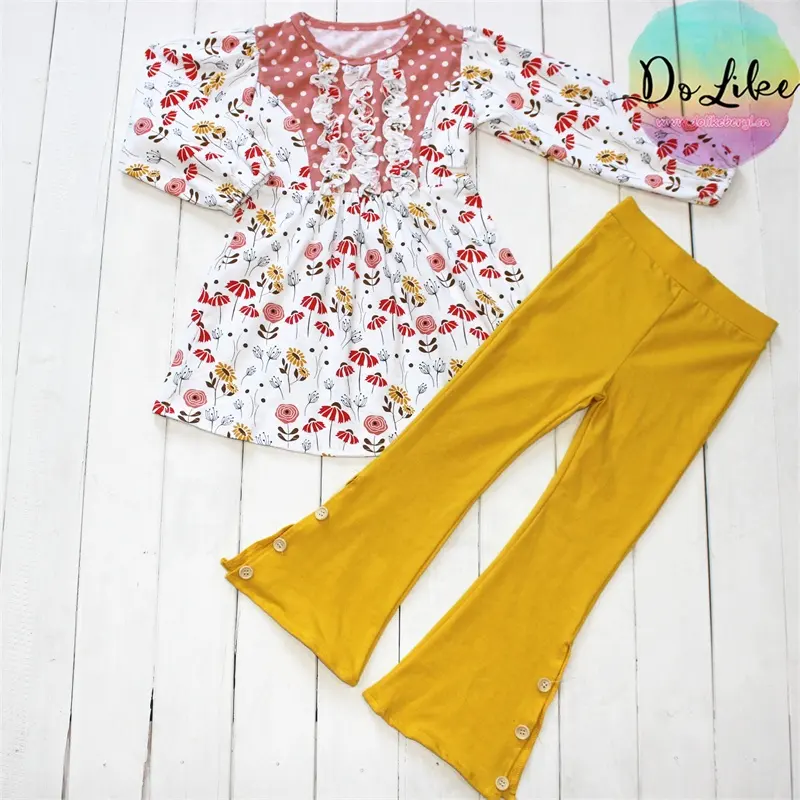 Flared gold yellow trousers kids clothing set floral elastic cuff girls custom cotton printed outfits design baby girl clothes