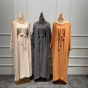 האחרון עיצוב טורקיה דובאי מוצק צבע שתי חתיכה להגדיר העבאיה נשים גדול גודל קפטן מזדמן מוסלמים שמלה ארוך שרוול פתוח העבאיה