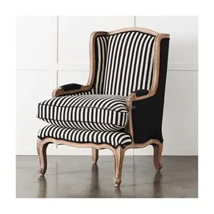 Black and White Stripes Fabric Vintage Wooden French Wing Back Arm Chairs for Living Room