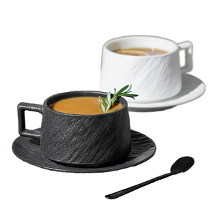 HY7 Cheap Price Wholesale Classic Black &amp; White <strong>Frosted</strong> Rock-textured Bone China Cappuccino <strong>Cup</strong> &amp; Saucer Set for Home 250ML - Product Image 1