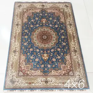 4x6中国工厂价格便宜的蓝色手工丝绸东方波斯地毯出售
