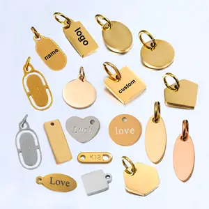 18k altın kaplama takı lazer kazınmış özel Logo etiketleri kolye mücevherat Oval paslanmaz çelik DIY adı yuvarlak sikke disk Charm