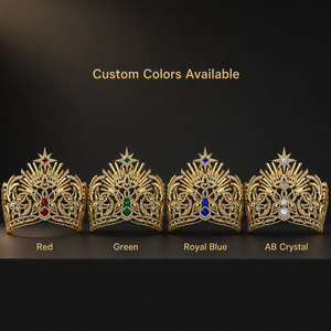Couronne de Reine de <span class=keywords><strong>Luxe</strong></span> Plaqué Or avec Émeraudes et Cristaux Étoilés, Tiara Ronde Complète pour Concours de Miss Beauté - Product Image 5