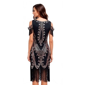 Vestido de cóctel retro de los años 20 con lentejuelas, cuello en V, estilo vintage, con flecos, para mujer - Product Image 3