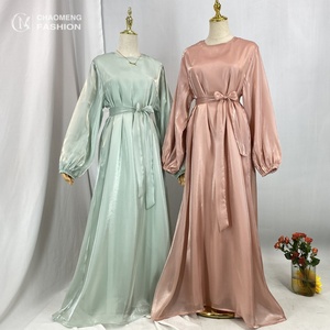 Último Modelo 2025, Abaya Ligera Cerrada, Vestido Maxi de Satén Brillante para Verano, Forrado, con Mangas Abullonadas y Bolsillos 6855 # - Product Image 1