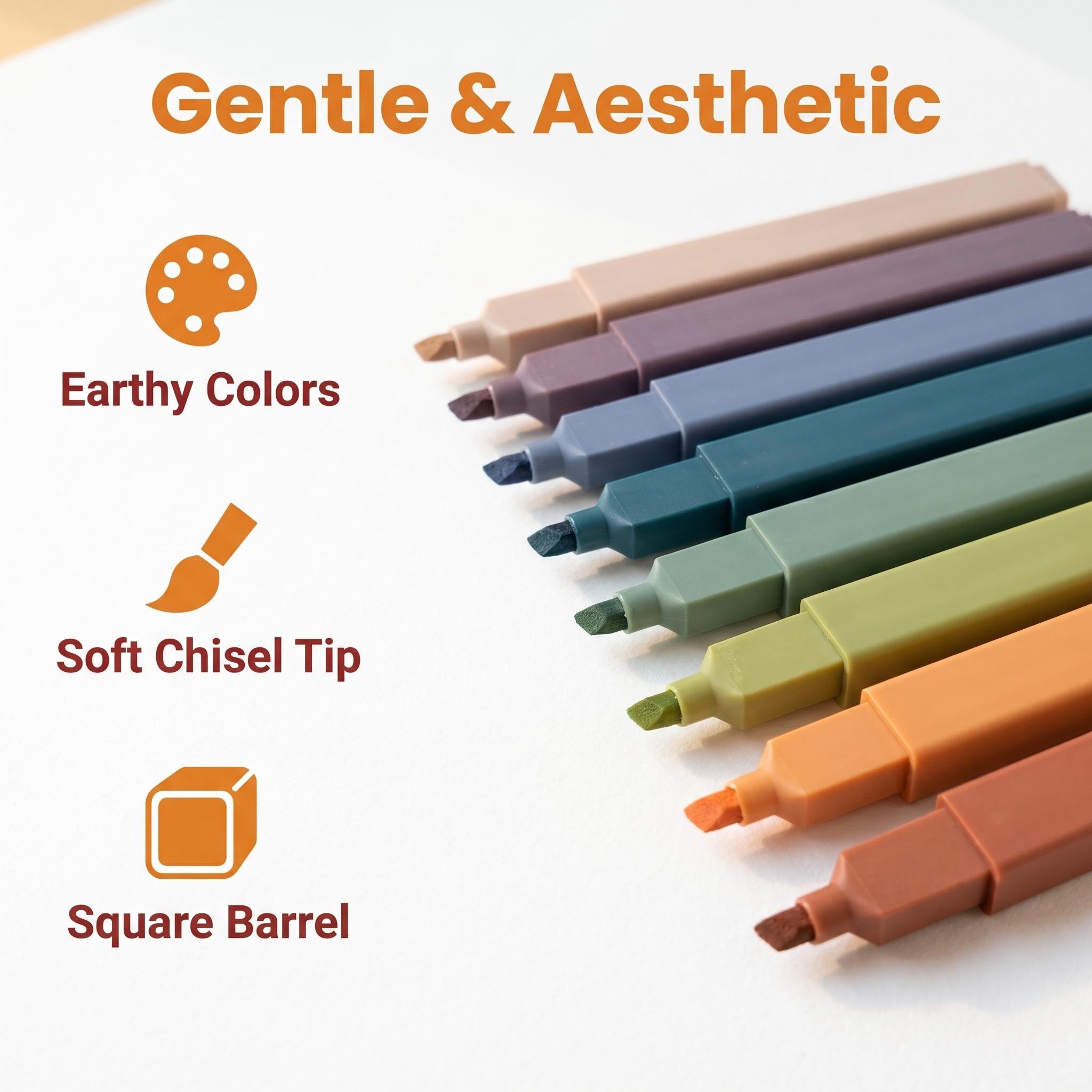 10pcs Earthy Vintage Colored Gel Ink Highlighter Marker Pen Set Oblique Brush Tip Soft Touch Rubber Finish Non-Erasable Office
