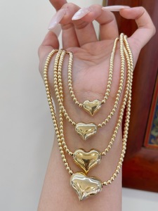 Collier en or 18 carats AU750 avec perles en forme de cœur, 4 tailles, or jaune massif, style superposé, hypoallergénique, collier en or véritable pour femme, cadeau - Product Image 2