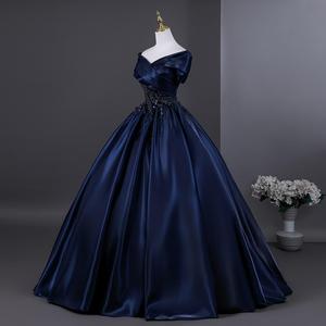 Navy Blue Off The Shoulder Empire Waist Long Evening Dress For Performance And Formal Events - Product Image 4