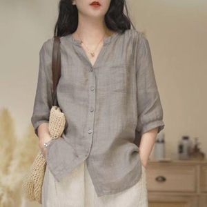 <b>Women's</b> Cotton <b>Linen</b> <b>Shirt</b> V-Neck Loose Fit Casual Top <b>Navy</b> Blue Summer Blouse - Product Image 2