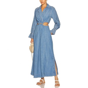Logo personalizzato Blue Jean Denim Maxi abiti lunghi donna Lady eleganti abiti Casual tagliati <span class=keywords><strong>con</strong></span> <span class=keywords><strong>spacco</strong></span> - Product Image 1