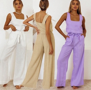 Y307002 Mujeres Casual Algodón <span class=keywords><strong>Lino</strong></span> Traje Suelto <span class=keywords><strong>Chaleco</strong></span> sin mangas y pantalones de pierna ancha Conjunto de 2 piezas Trajes de verano - Product Image 1