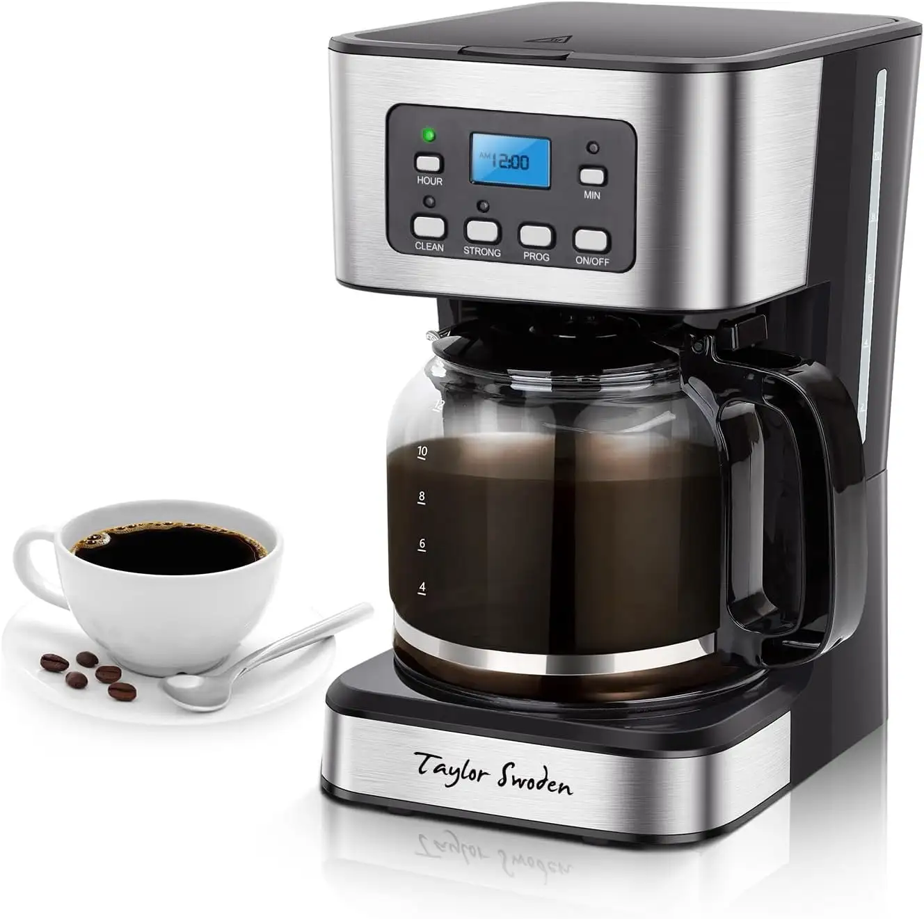 12-कप प्रोग्रामयोग्य कॉफी मेकर, घर और कार्यालय के लिए मजबूत ब्रू ड्रिप कॉफी मशीन, ग्लास कैफ़े, विराम और सर्व