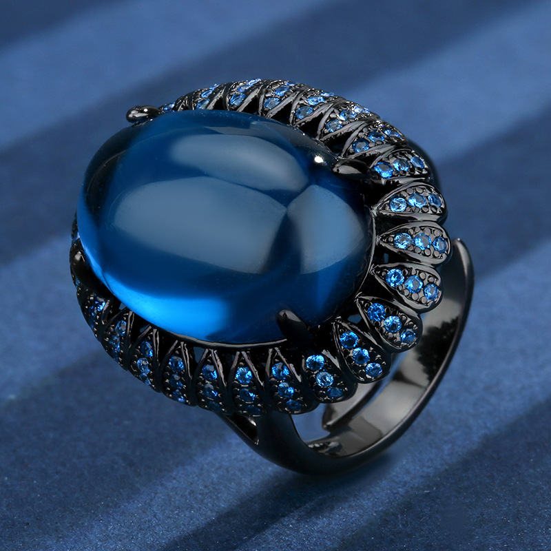Bague ouverte en cristal pointu noir, or et bleu