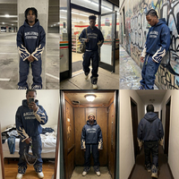 Ensemble survêtement unisexe personnalisé, coupe ample et oversize, style Hip Hop Streetwear, imprimé flamme, en denim, comprenant un sweat à capuche et un pantalon baggy