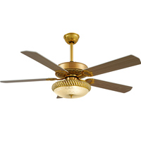 Ventilador de techo con luz LED personalizable de 110V, 5 aspas de madera, acabado dorado, Control remoto tradicional moderno para uso en el baño de la villa