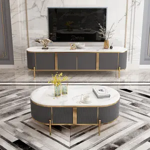 Zarif oturma odası altın modern tasarım mobilya tv standı ve kahve sehpası mermer masa paslanmaz çelik ayak