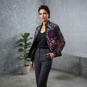 Statement <b>Green</b> Suzani <b>Velvet</b> Embroidered <b>Jacket</b> <b>Women</b> Handmade Multicolor Botanical Boho Wholesale Fashion Outerwear - Product Image 1