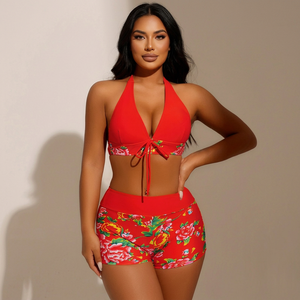 Ensemble de bikini rouge à imprimé floral pour femmes, short taille haute, maillot de bain deux pièces extensible, non transparent, fabriqué au Bangladesh - Product Image 2