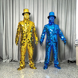 Costume de danseur de scène Richshining pour bar et spectacle, avec chevalettes dorées, miroir, pour homme et <span class=keywords><strong>femme</strong></span>, bleu, avec chapeau et gants - Product Image 2
