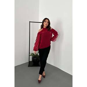 Blusa de Mujer al por Mayor, Color Borgoña, Hombros Descubiertos, Tallas XL-3XL, Corte Holgado, Chifón y Algodón, Estilo Casual Bohemio, Color Sólido, para Verano, Otoño y Primavera - Product Image 3