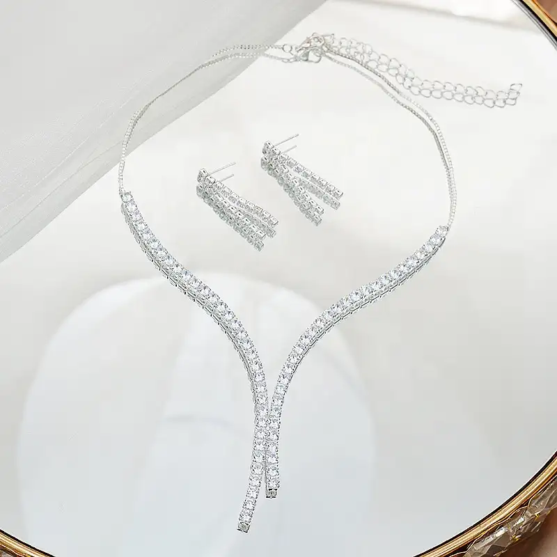 Conjunto sencillo y versátil, collar y pendientes de circón brillante, joyería nupcial para boda